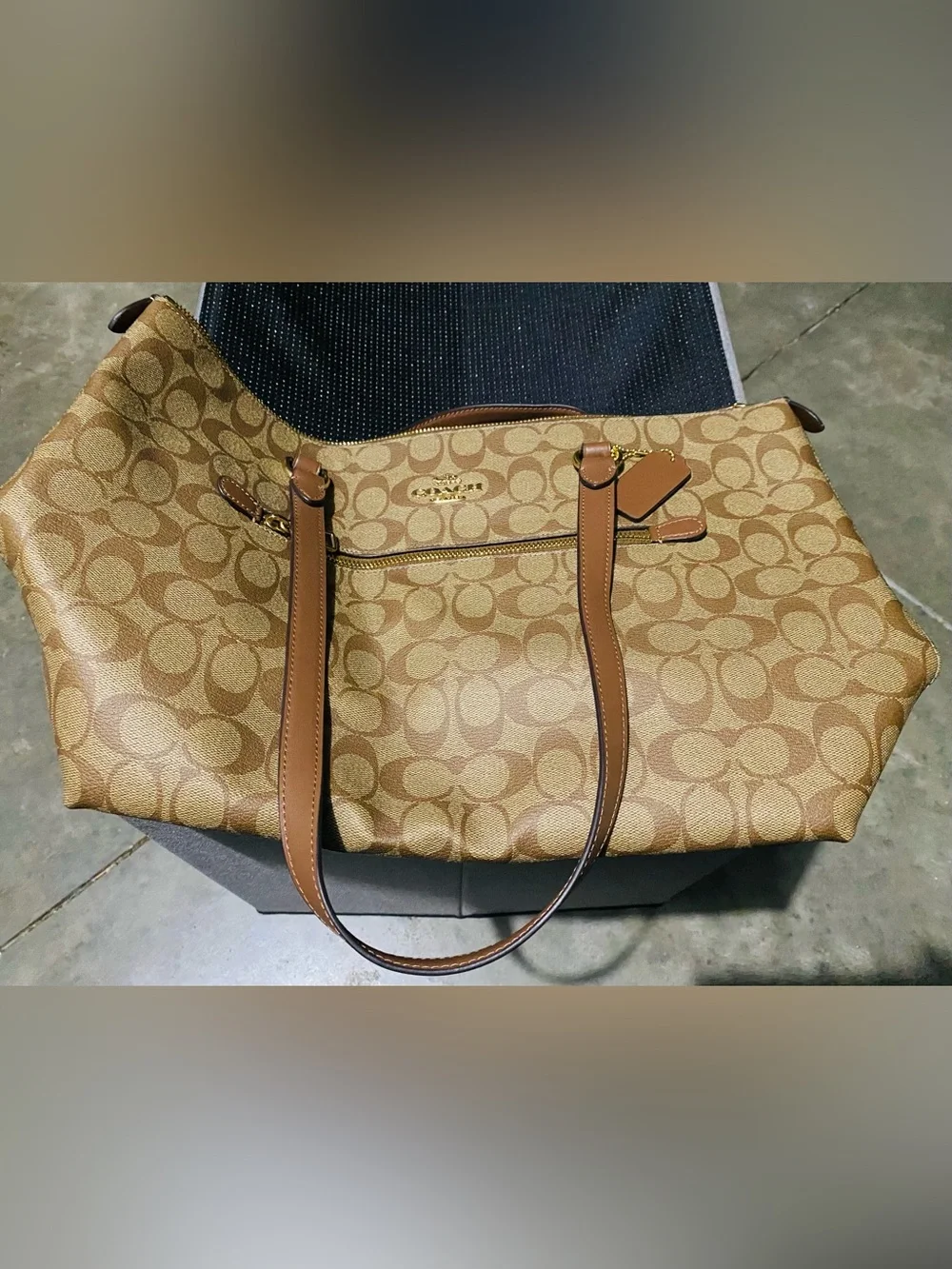 Coach Tan Signature Canvas Tote with Leather Trim